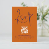 Verbrande Oranje Navy Script QR Code Wedding RSVP  (Staand voorkant)