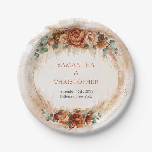 Verbrande oranje terracotta en groenblijvende gebl papieren bordje (Voorkant)