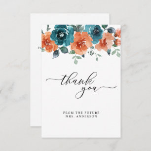 Verbrande Sinaasappel Blauwgroen Bloemen Waterverf Bedankkaart