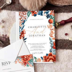 Verbrande Sinaasappel Boho Bright Flowers Bruiloft Kaart