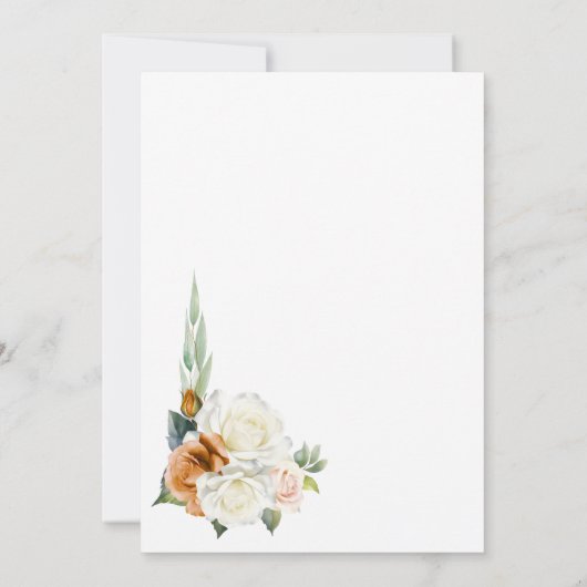 Verbrande Sinaasappel Witte Roos Bloemenbruiloft Kaart (Achterkant)