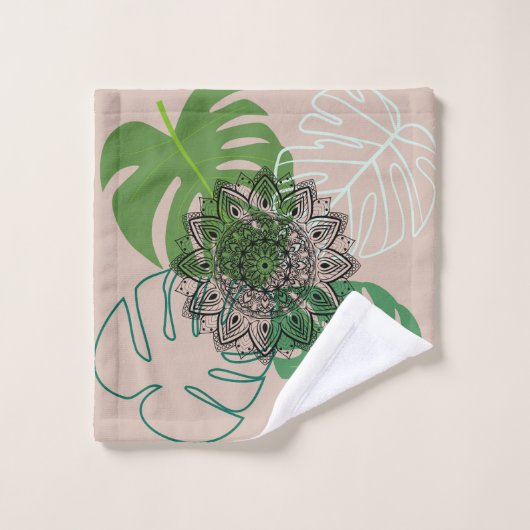 Verdant Embrace: Mandala and Leaf Design Bad Handdoek (Wasdoekje)