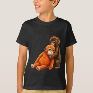 Verdrietige aap stomp meme met een oranje speelgoe t-shirt