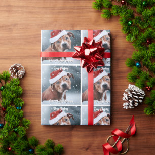 Verdrietige Pit Bull met Kerstman Hoed Kerstmis Cadeaupapier