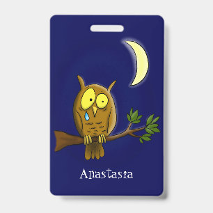 Verdrietige uil met traan en maan mist je cartoon badge