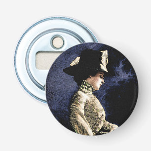 Verdrietige  Victoriaans vrouw met veren Pet Button Flesopener