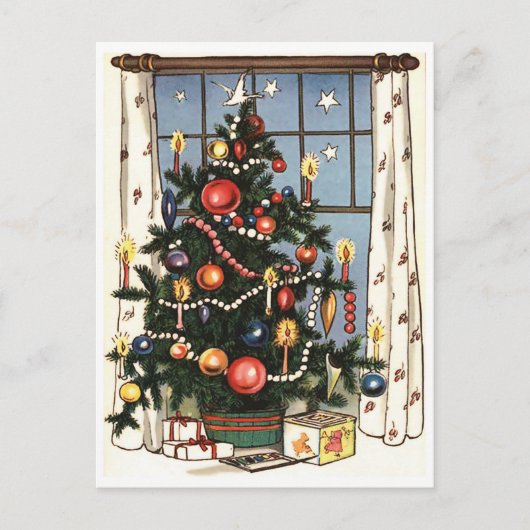 Verdroogde kerstboom door het raam,  briefkaart (Voorkant)