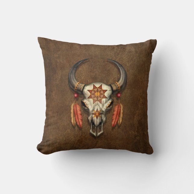 Verdroogde Native Bull Skull met veren Kussen (Voorkant)