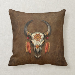 Verdroogde Native Bull Skull met veren Kussen
