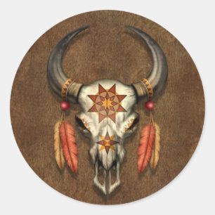 Verdroogde Native Bull Skull met veren Ronde Sticker