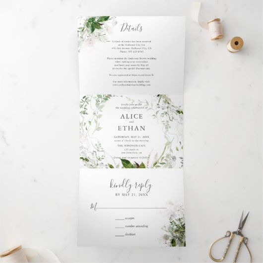 Verdure botanique Mariage élégant Tri-Fold Invita (Intérieur)