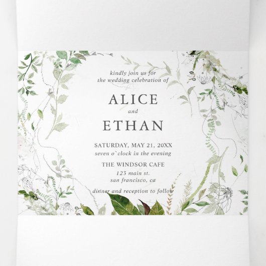 Verdure botanique Mariage élégant Tri-Fold Invita (Intérieur au milieu)