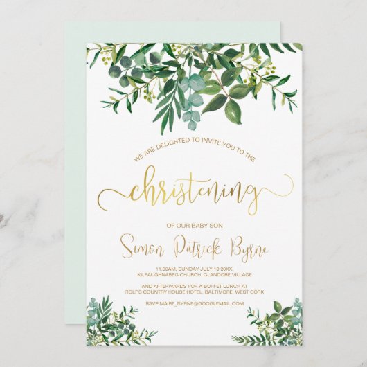 Verdure Christening Faire-part Gold Script (Devant / Derrière)