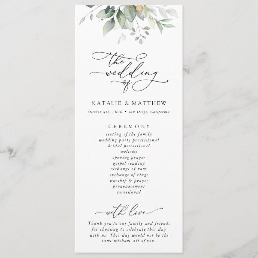 Verdure, Eucalyptus Feuilles, programme de mariage (Devant)