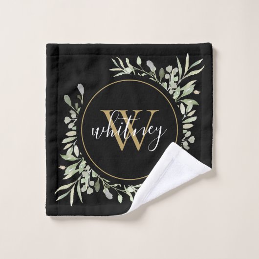 Verdure Foliage Or Monogramme Chic Script Noir (Gant de toilette)