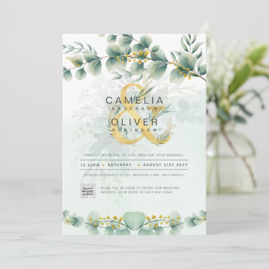 Verdure moderne Faire-part de mariage botanique or (Debout devant)