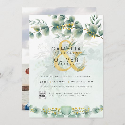 Verdure moderne Faire-part de mariage botanique or (Devant / Derrière)