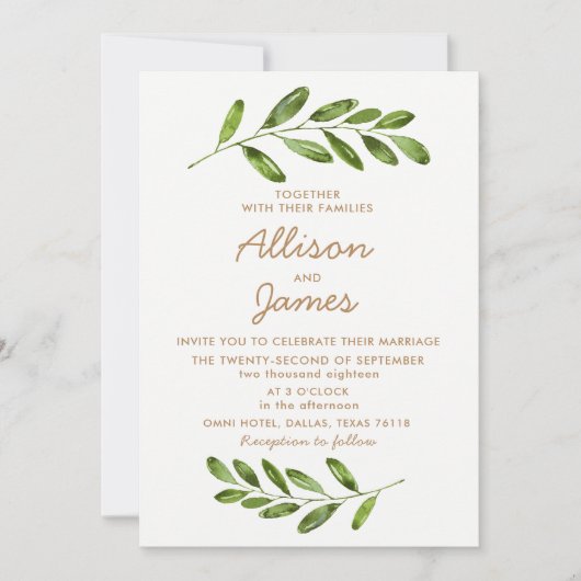 Verdure Wreath Feuilles Élégant mariage Invitation (Devant)