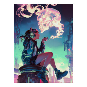 Verdwaald in de neon regen   Cyberpunk Anime Girl Perfect Poster