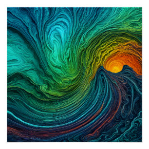 "Verdwijnende zon" Abstracte fractale golven Perfect Poster