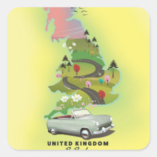 Verenigd Koninkrijk 'Per auto' Vintage reisposter. Vierkante Sticker