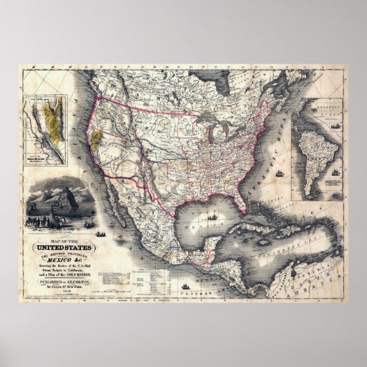VERENIGDE STATEN CALIFORNIA GOLD RUSH MAP 1849 POSTER (Voorkant)