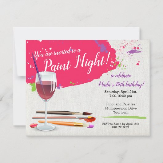 Verf Nacht, Verf en Sip Wijn Glas Canvas Party Kaart (Voorkant)