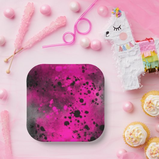 Verf Splatter Effect Roze & Zwart Papieren Bordje (Feest)