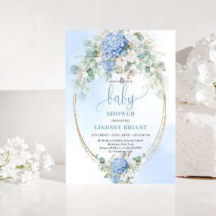 Verfijnd blauwe hortensia baby shower uitnodiging