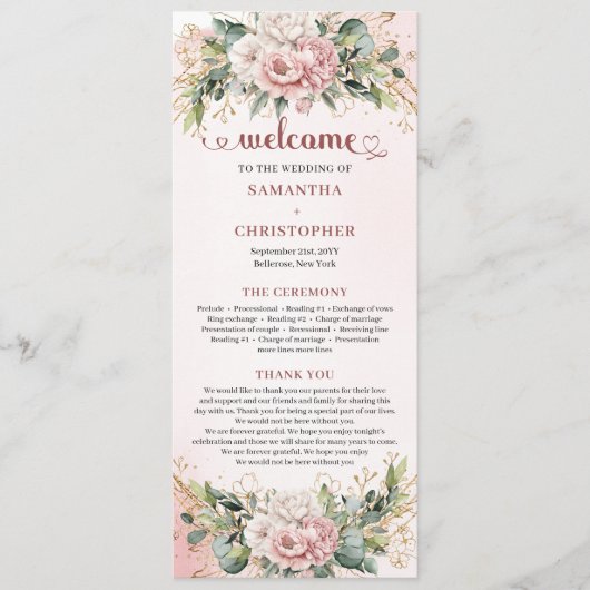 Verfijnd Blush Roze Bloemstuk Bruiloftsprogramma Programma (Voorkant)