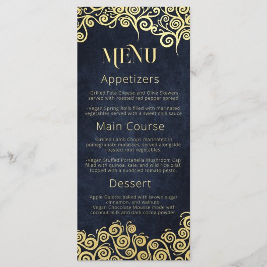 Verfijnd chique marine blauw & goud wervelt bruilo menu (Voorkant)