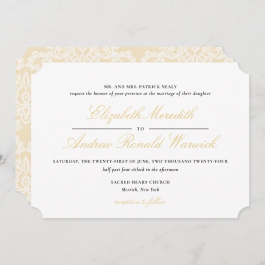 Verfijnd Goud Kant Script Bruiloft Uitnodiging (Voorkant / Achterkant)