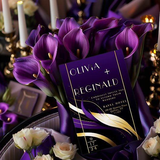 Verfijnd Modern Abstract Paars en Goud Folie Uitnodiging