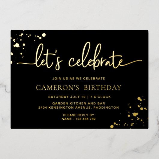 Verfijnd zwart goud laten we verjaardag vieren folie uitnodiging (Voorkant)