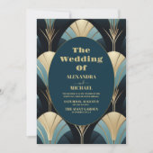 Verfijnde Blauwe en Gouden Art Deco Bruiloft Kaart (Voorkant)