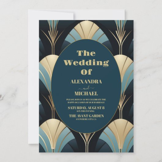 Verfijnde Blauwe en Gouden Art Deco Bruiloft Kaart (Voorkant)