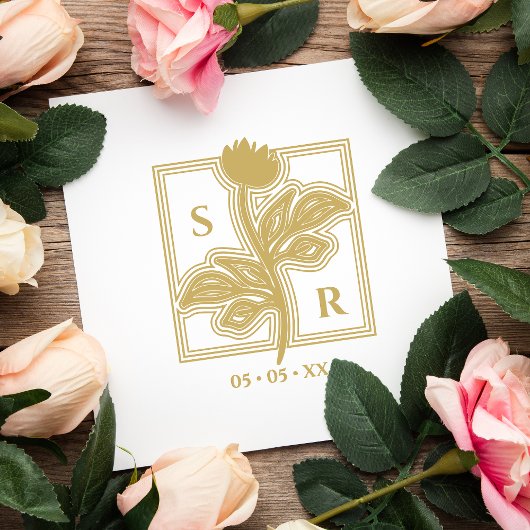 Verfijnde Bloemen Bruiloft Beginletters & Datum Rubberstempel