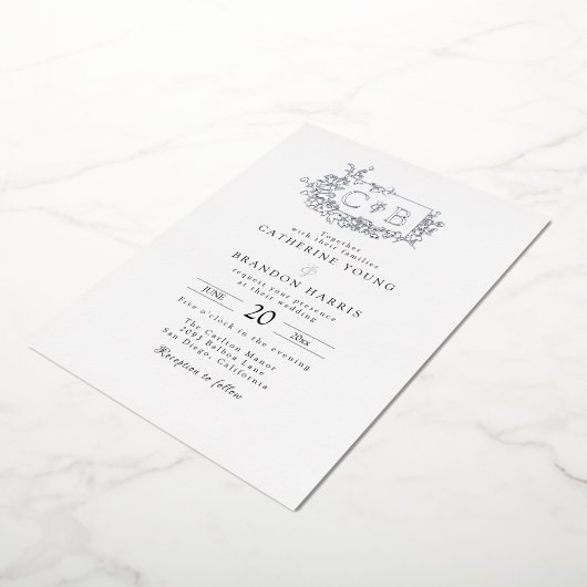 Verfijnde Geborstelde Monogram Bruiloft Folie Uitnodiging (Gedraaid)