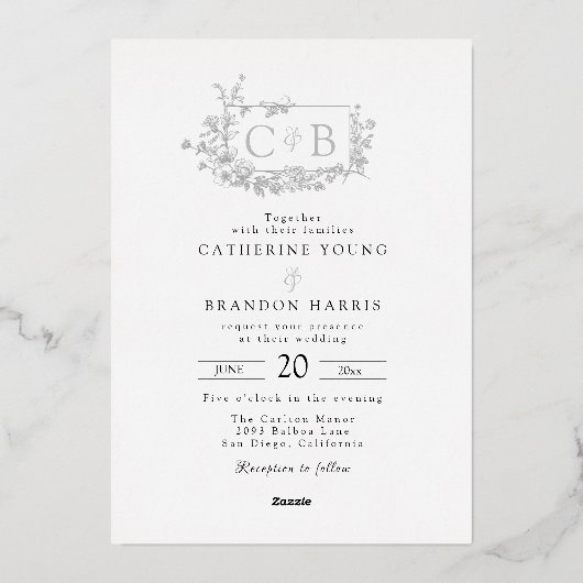 Verfijnde Geborstelde Monogram Bruiloft Folie Uitnodiging (Achterkant)