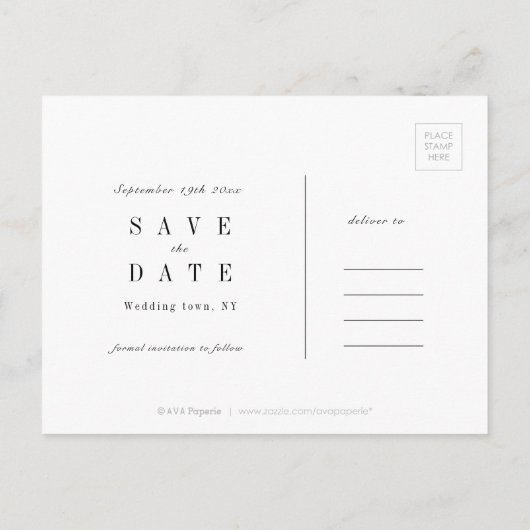 Verfijnde minimalistische bruiloft bespaart de dat aankondigingskaart (Achterkant)
