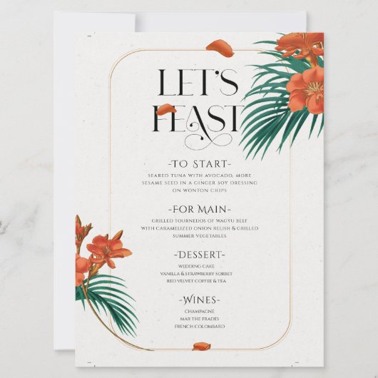 Verfijnde Tropische Bloemen Bruiloft Menu Kaart (Voorkant)