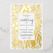 Verfijnde witte bladgoudflorale bruiloft folie uitnodiging (Voorkant)