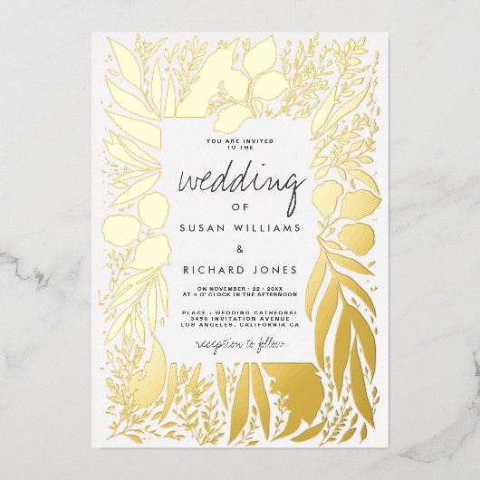 Verfijnde witte bladgoudflorale bruiloft folie uitnodiging (Voorkant)
