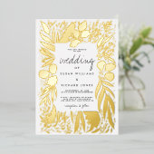 Verfijnde witte bladgoudflorale bruiloft folie uitnodiging (Staand Voorkant)