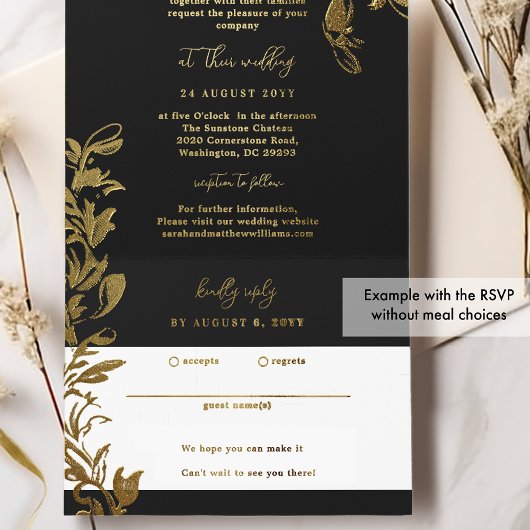 Verfijnde zwarte en gouden folieblaadjes all in one uitnodiging