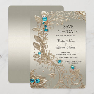 Verfraaien van goudblauwe stenen slaan de datum op save the date