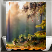 Verfrissend Pine Tree Water Drops Bosachtergrond Douchegordijn
