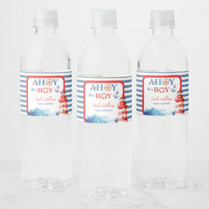 Verfrissende Gestreepte Blauwe Rode Zeevaart Ahoy  Waterfles Etiket