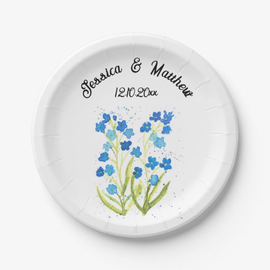 Vergeet me niet Blauwe bloemenbruiloft Waterverf B Papieren Bordje (Voorkant)