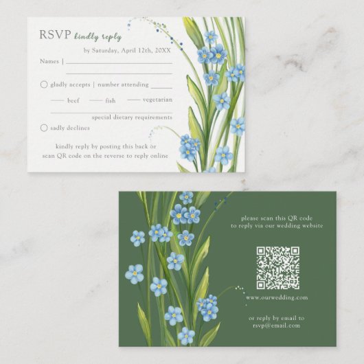 Vergeet-me-niet bruiloft RSVP QR Code Informatiekaartje (Voorkant / Achterkant)
